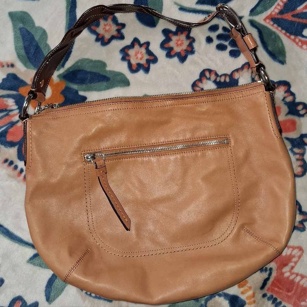 Coach Zip Top Tan & Brown Genuine Leather Shoulder Bag Braided Handle Handbag